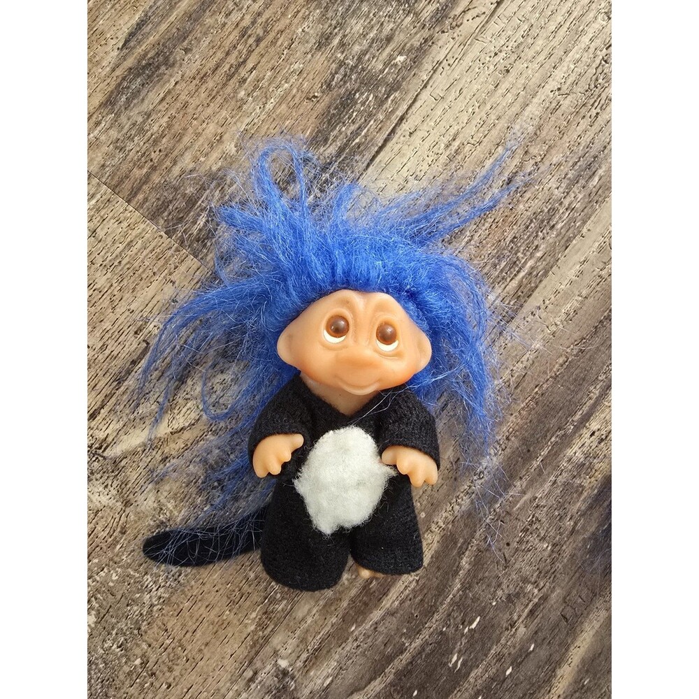 Vintage 1988 DAM Troll Doll 4" Blue Hair Black Felt Outfit White Belly Long Tail